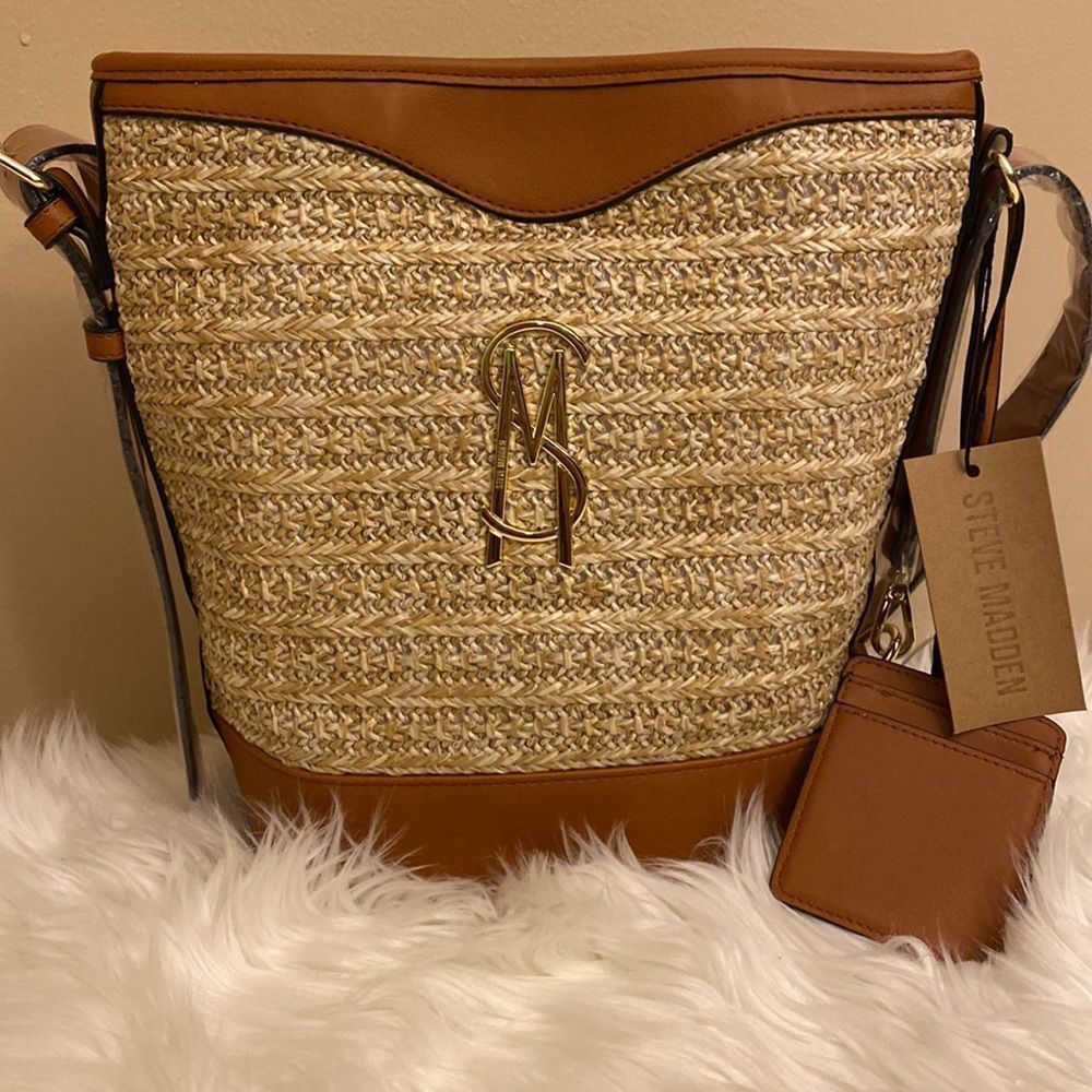 Steve Madden Tan & Natural Straw Hobo Bag with Gold Logo